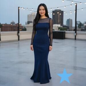 ST. JOHN Knit Gown Long Dress Sz 0 XS Navy Blue & Black Evening Long Sleeve